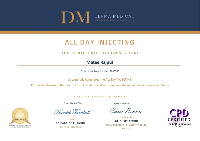 Derma Medical All Day Injecting certificate awarded to Matee Rajput