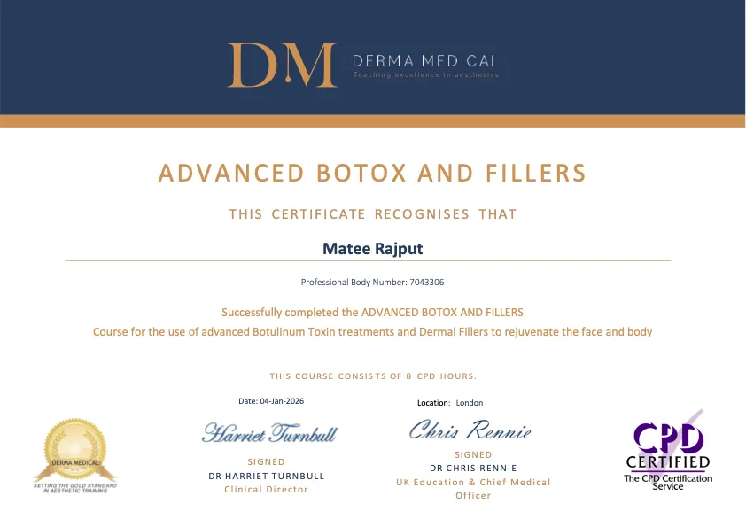 Derma Medical certificate in Advanced Botox and Fillers awarded to Matee Rajput