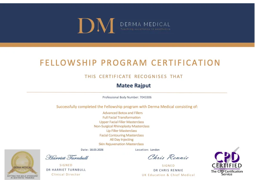 Derma Medical Fellowship Program certificate awarded to Matee Rajput
