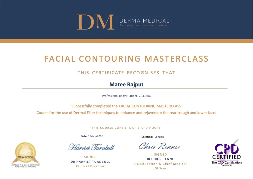 Derma Medical Facial Contouring Masterclass certificate awarded to Matee Rajput