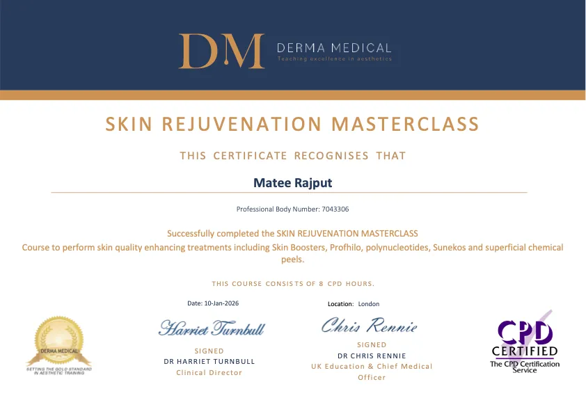 Derma Medical Skin Rejuvenation Masterclass certificate awarded to Matee Rajput