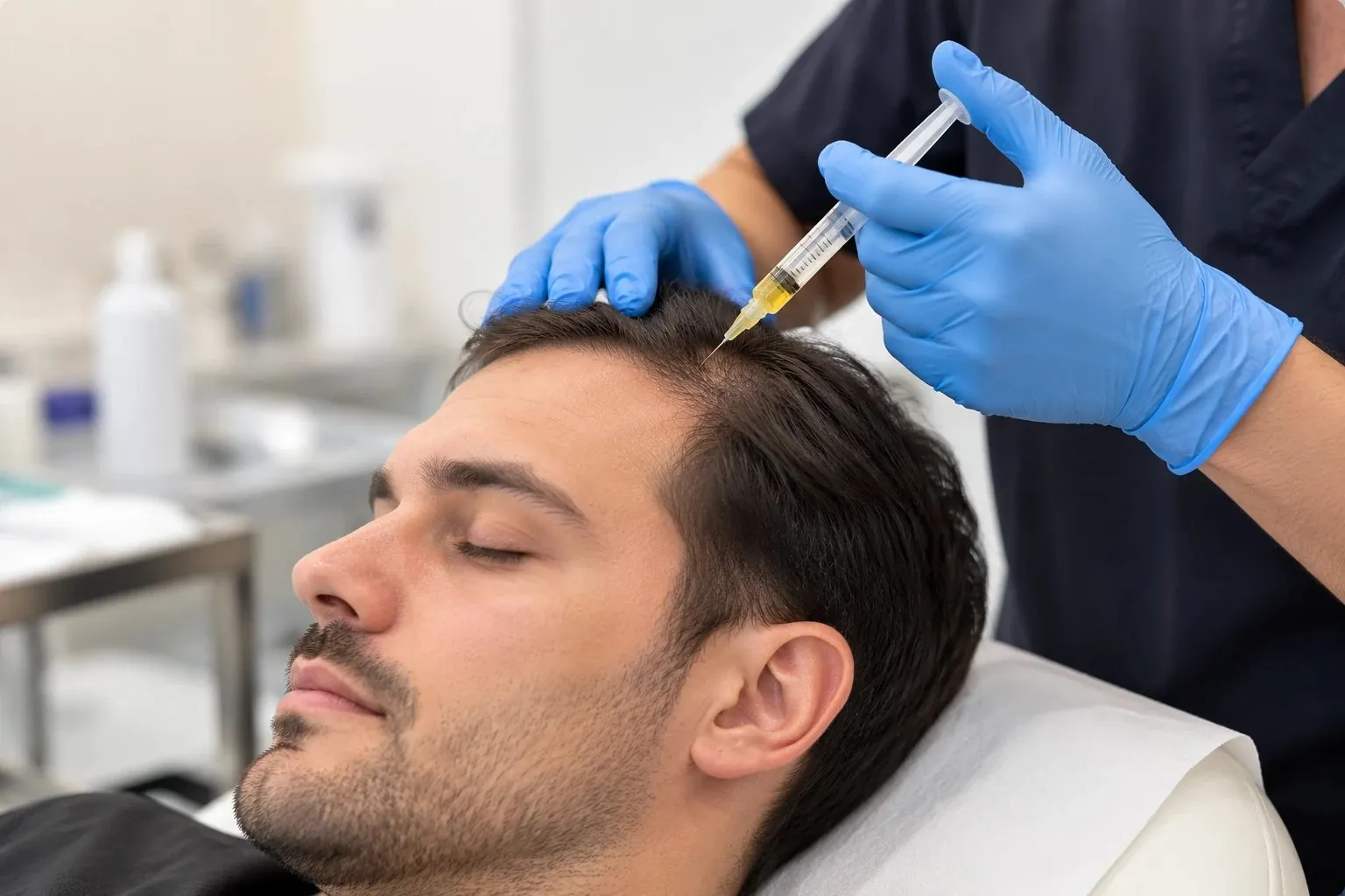 PRP being injected into a male patient's scalp at the hairline